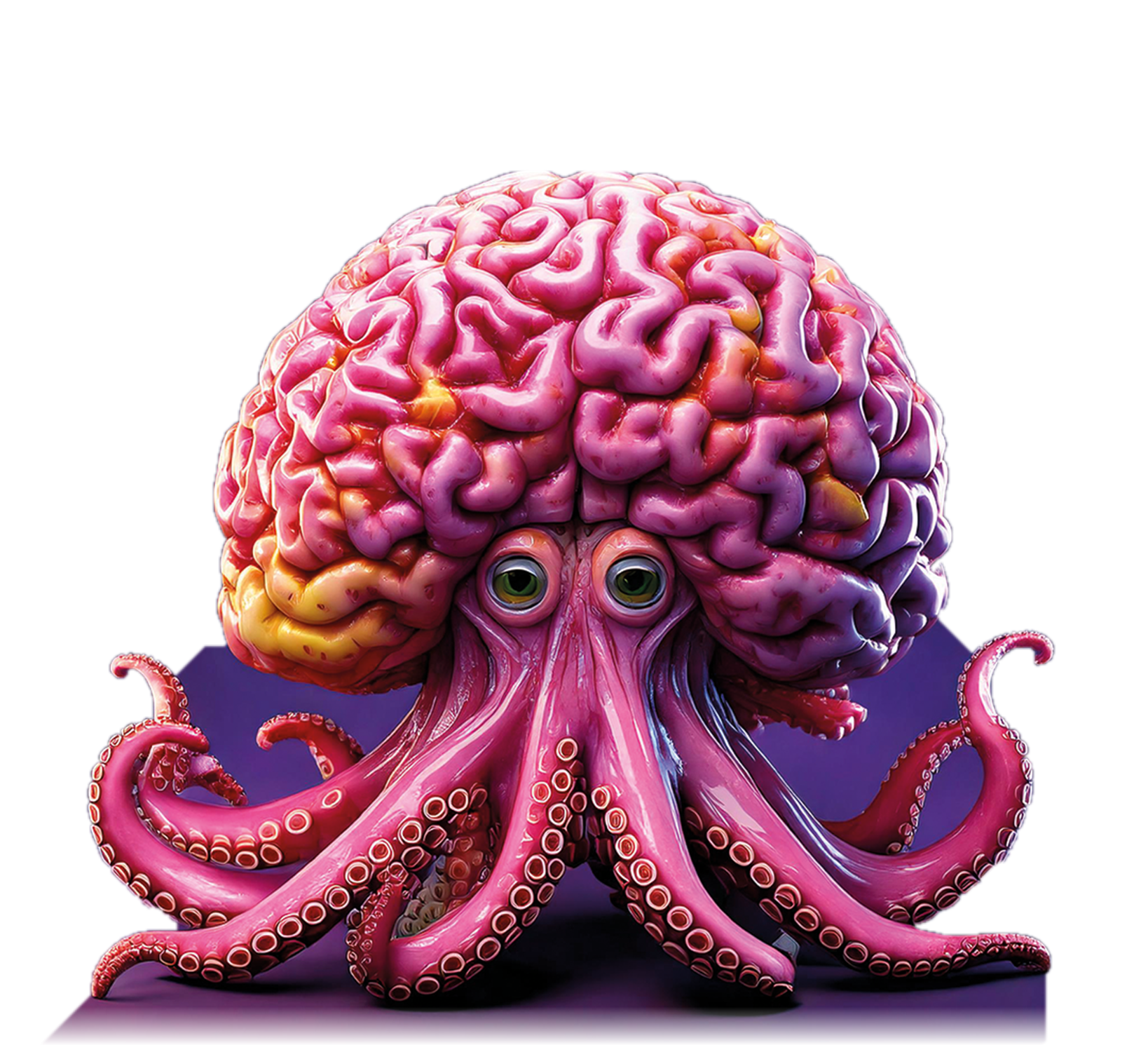 Figura 3D de cerebro y pulpo con colores fucsia, morado y amarillo